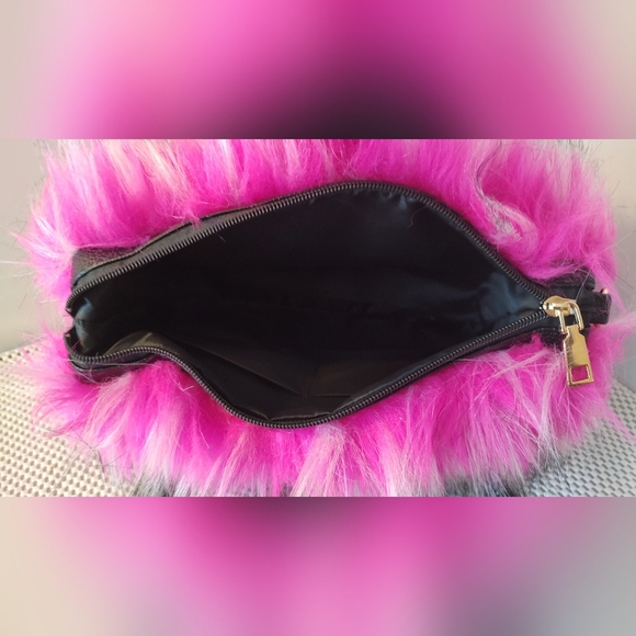 Women's Shoulder Handbags Faux Fur Tote Bag Fluffy Satchel Handbag Pink/Black - Picture 6 of 6